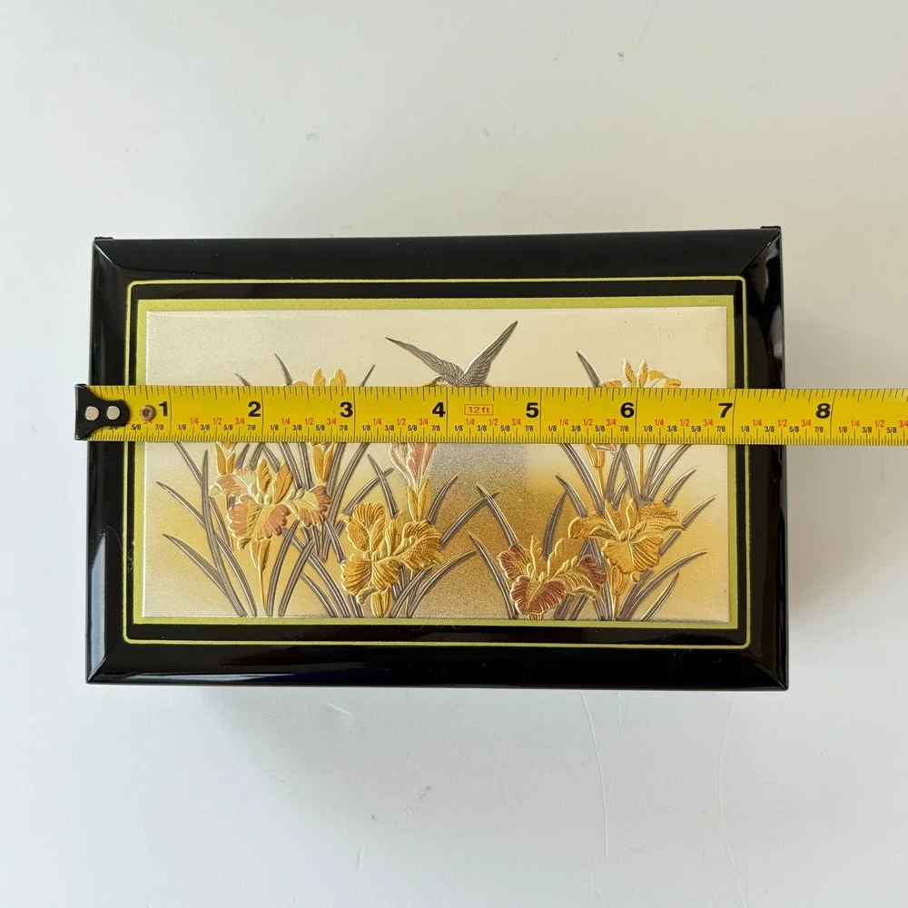 Vintage Japanese Black Lacquer Chokin Music Jewelry Box Hummingbird Iris Flower